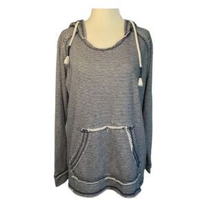 Ocean Drive Striped Beach Hoodie Sweatshirt Navy Blue White French Terry Knit S